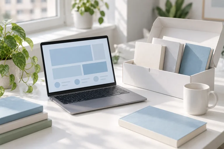 Amazon KDP España: portátil con panel y caja blanca con libros de tapa lisa