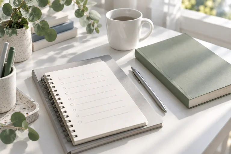 Sinopsis de un libro: cuaderno de rayas, bolígrafo y libro verde salvia liso