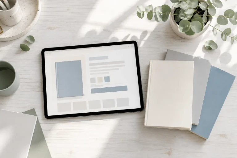 Contenido A+ amazon: tableta con ficha de libro y tres libros lisos de colores