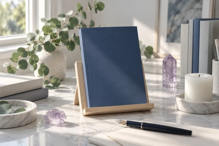 Portada de un libro de fantasía: libro azul oscuro liso en atril con cristal