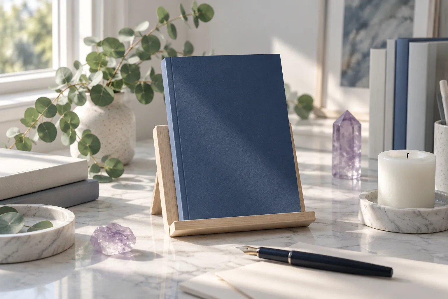 Portada de un libro de fantasía: libro azul oscuro liso en atril con cristal