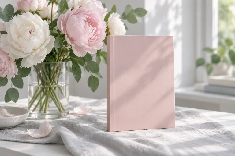 Portada de una novela romántica: libro rosa pálido liso junto a peonías