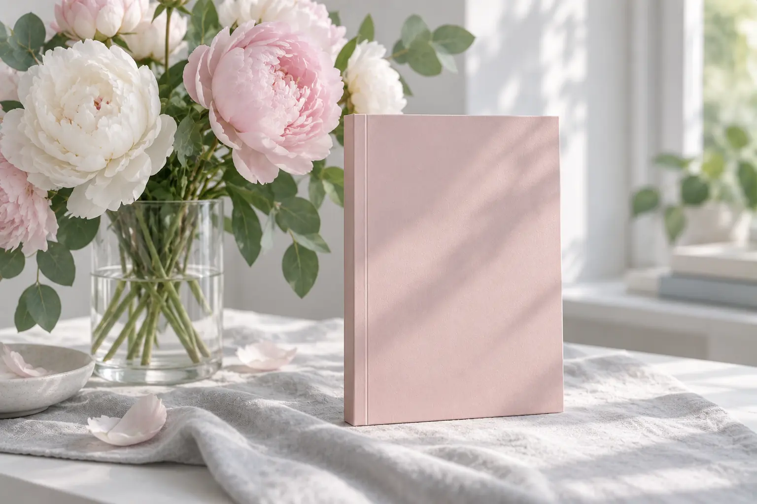 Portada de una novela romántica: libro rosa pálido liso junto a peonías