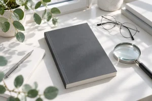 Portada de un thriller: libro gris carbón liso con lupa, gafas y libreta