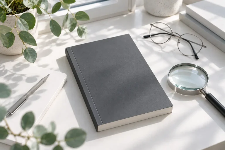 Portada de un thriller: libro gris carbón liso con lupa, gafas y libreta