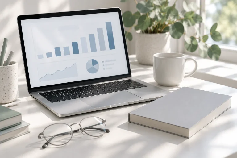 SEO en Amazon: portátil con gráficos de barras, libro gris y gafas en mesa